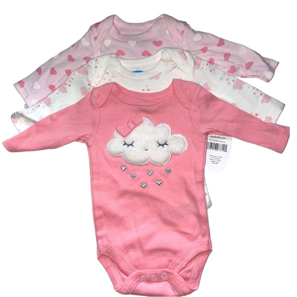 Baby bodysuits Long Sleeve 0/3M Bon Bèè 3 pieces cloud pattern snap crotch pink*